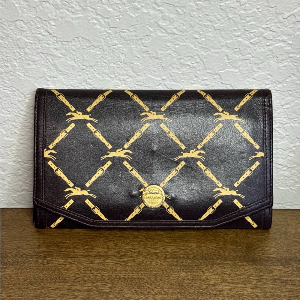 Vintage Longchamp Brown Logo Print Leather Clutch Bag Wallet